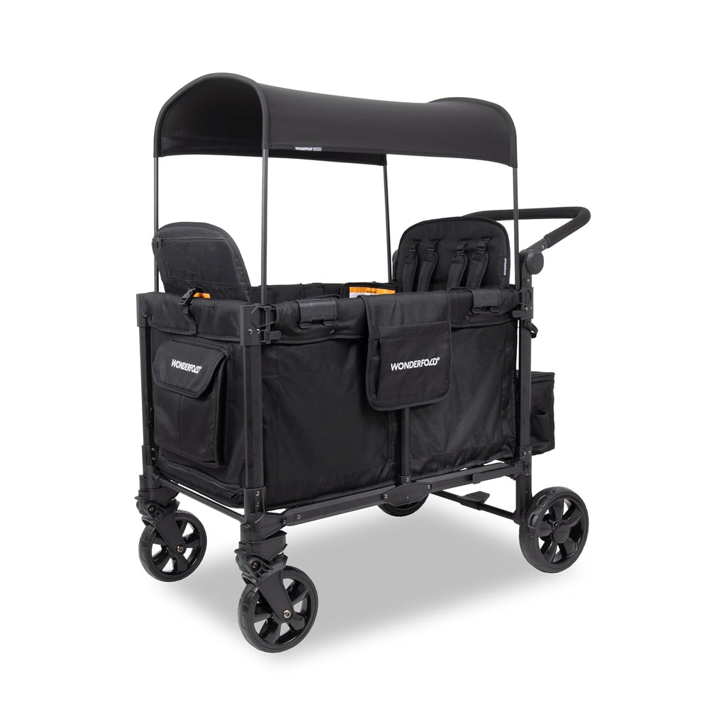 WonderFold W4 Elite Pro Stroller Wagon - Foldable Wagon with Aluminum Frame - Adjustable Canopy & Push Handle - All-Terrain Wheels - For Babies, Toddlers & Kids - 4 Seater - Jet Black
