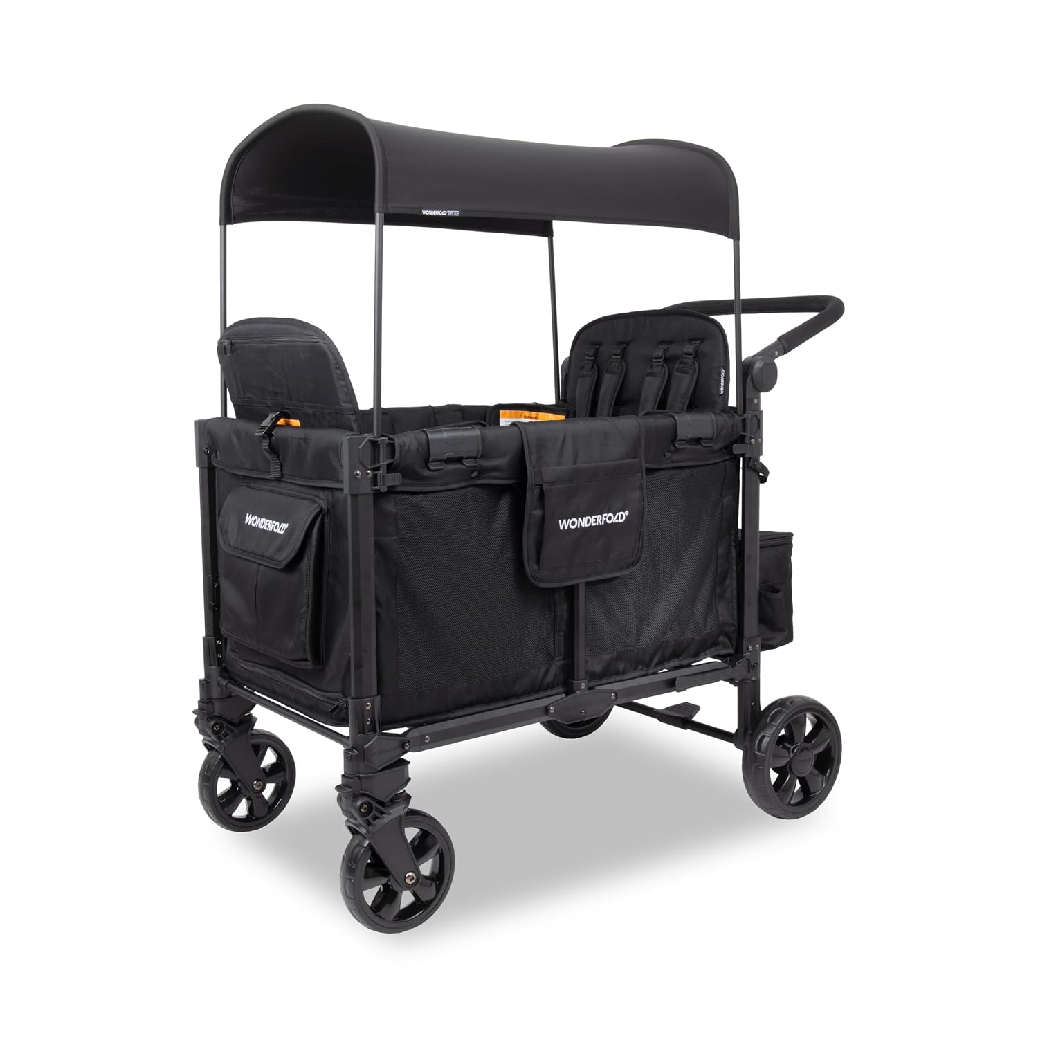WonderFold W4 Elite Pro Stroller Wagon - Foldable Wagon with Aluminum Frame - Adjustable Canopy & Push Handle - All-Terrain Wheels - For Babies, Toddlers & Kids - 4 Seater - Jet Black