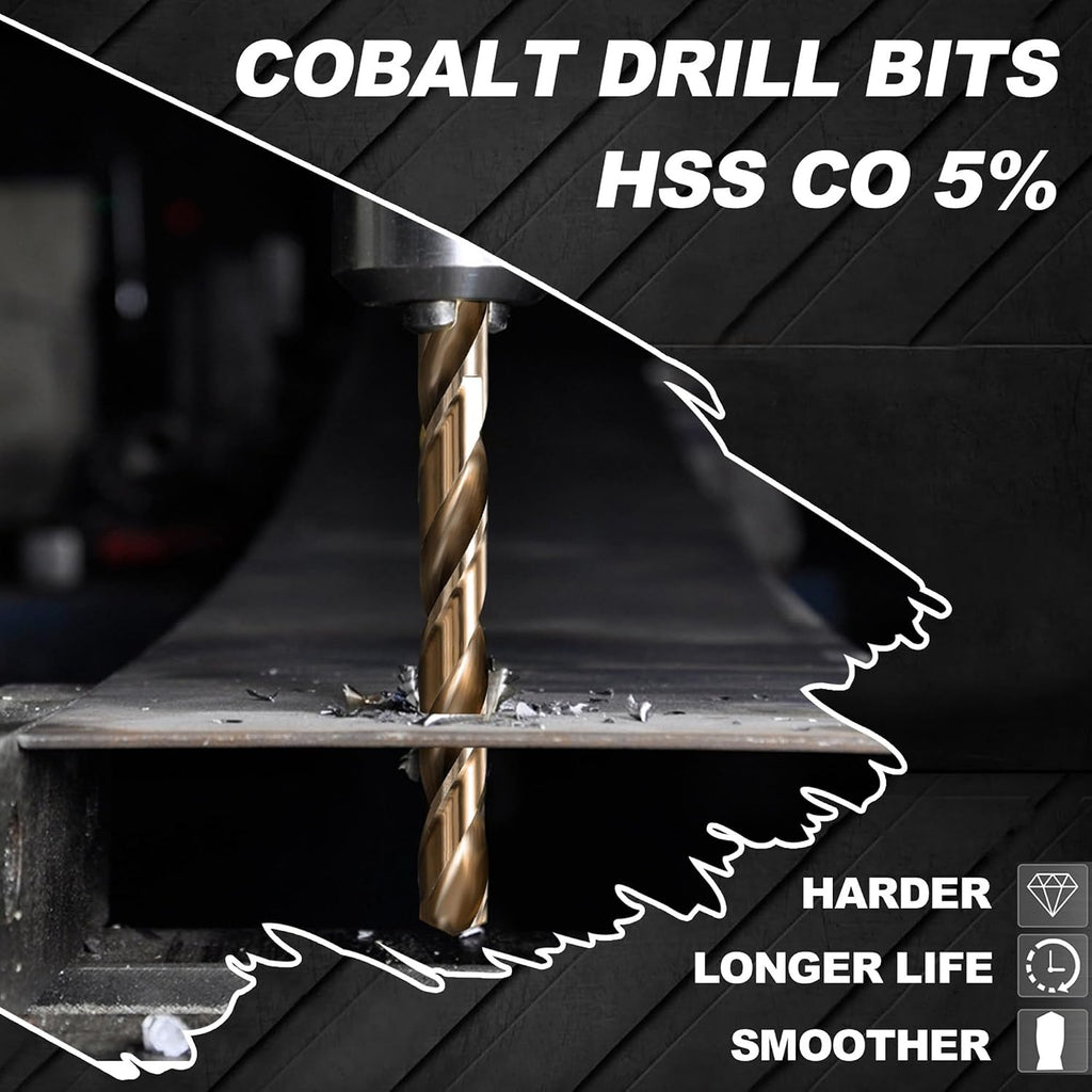 Hex Shank Cobalt Drill Bit Set 63Pcs 1/16'-1/2', M35 HSS Twist Impact Drill Bits for Metal and Hardened Steel, with Indexed Storage Case