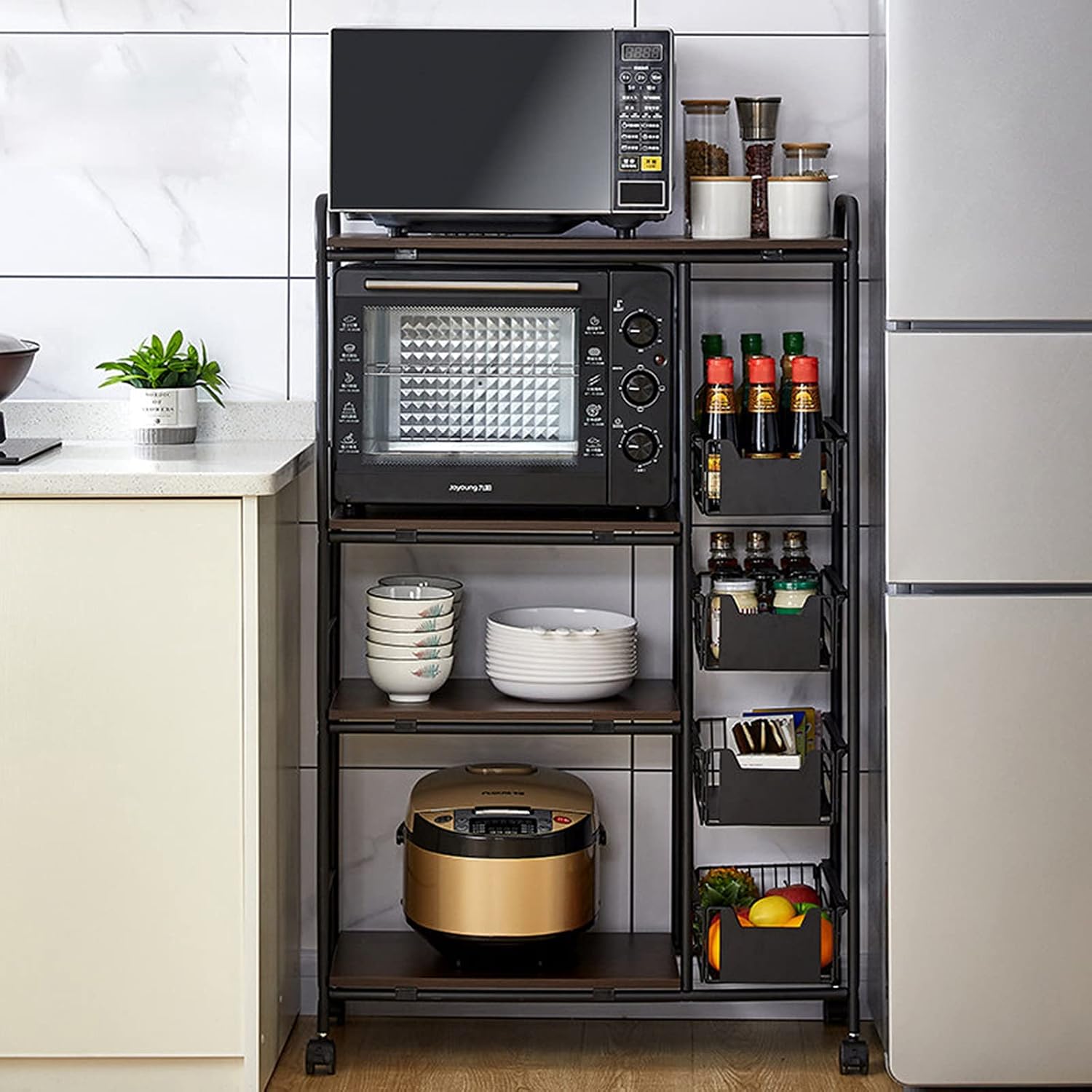 5-Tier Kitchen Bakers Rack Storage Shelf Hutch Holder on Wheels, Industrial Microwave Oven Stand, Standing Kitchen Utility Cart Storage Rack Organizer Rack Pantry with Storage Drawer Rustic