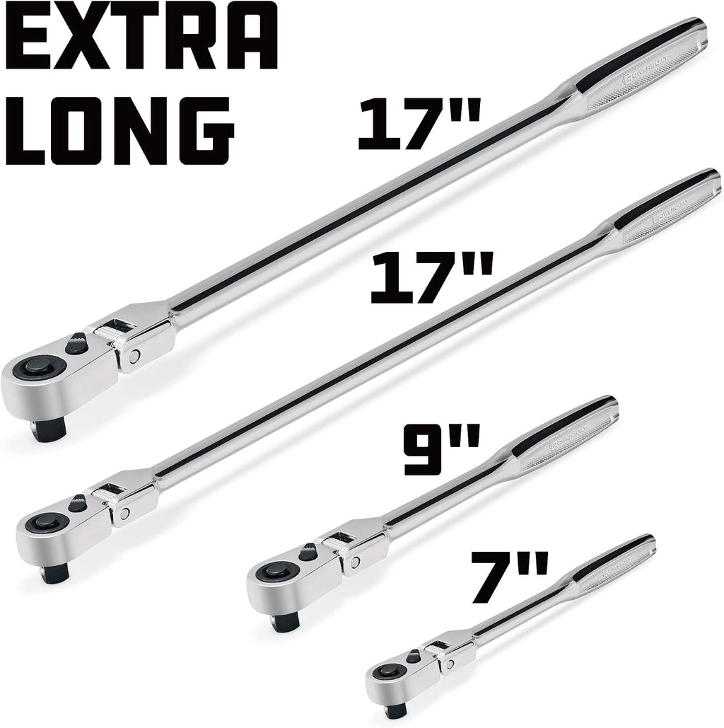 Powerbuilt 4 Piece Pro Tech Long Reach Flex Head Ratchet Set, 72-Tooth, 180° Flex Head, Contoured Grip Handles, 1/4' Dr. x 7', 3/8' Dr. x 9' & 17', 1/2' Dr. x 17' - 240238