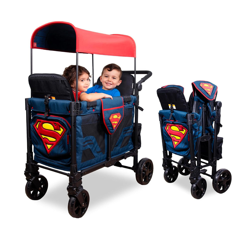 WONDERFOLD W2 Elite Pro Special Edition Superman Stroller Wagon (2 Seater) - Collapsible Wagon Stroller with Seats with 5-Point Harnesses, Easy Access Zipper Door, and Removable Sun Canopy