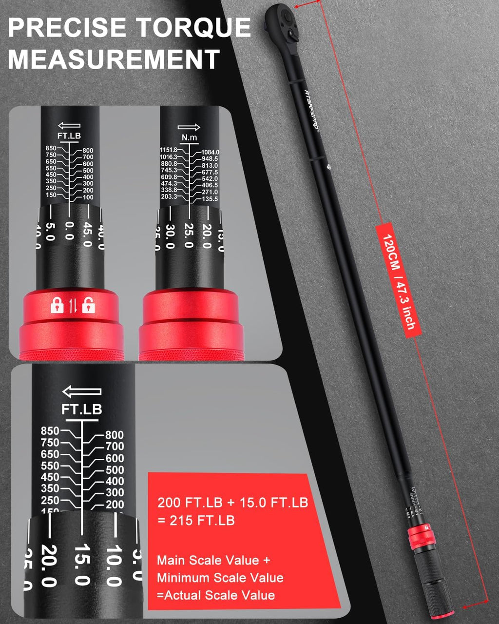 Atsafepro 3/4 Torque Wrench 100-850 Ft-Lb -±3% Accuracy, 47.3' Long Handle, 48-Tooth Reversible Ratchet, Cr-V Steel, Dual Scale,3/4' Drive Click Heavy Duty Torque Wrench for Industrial, Truck, Turbine