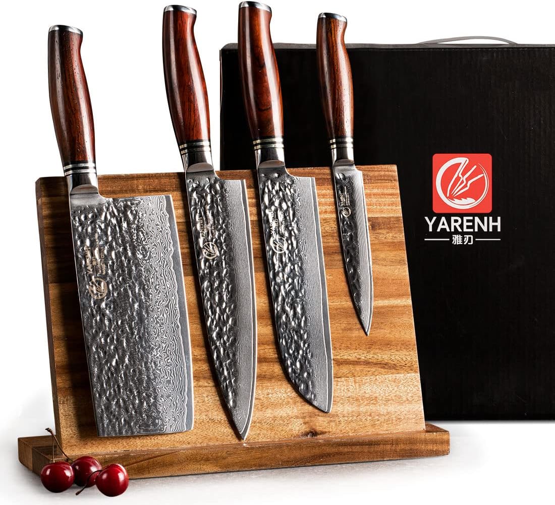 YARENH Cleaver Knife Set with Magnetic Block, Damascus Stainless Steel,73 Layers, 5 Piece Professional Sharp Kitchen Knife Set for Chef, Full Tang, Sandalwood Wood Handle