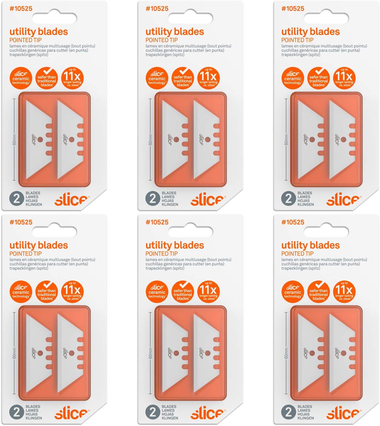 Slice 10525-CS Ceramic Utility Blades (Pointed Tip), True Safety Blades, Finger Friendly, Safe to Touch, 11x Longer Lasting Than Metal, Double-Sided Blades Extend Blade Life, Never Rusts (12 Blades)