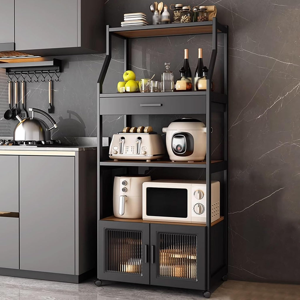 Kitchen Storage Shelves with Drawers and Storage Cabinets, Kitchen Bakers Rack with Universal Wheels, Heavy Duty Microwave Stand for Living Room, Office, Study