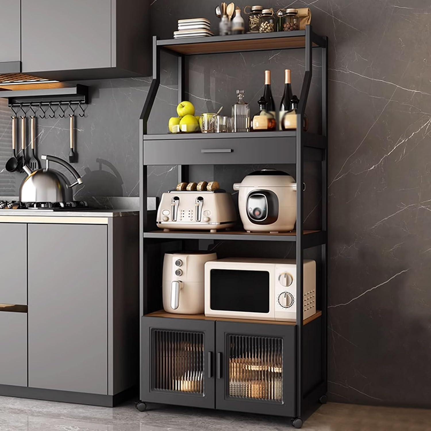 Kitchen Storage Shelves with Drawers and Storage Cabinets, Kitchen Bakers Rack with Universal Wheels, Heavy Duty Microwave Stand for Living Room, Office, Study