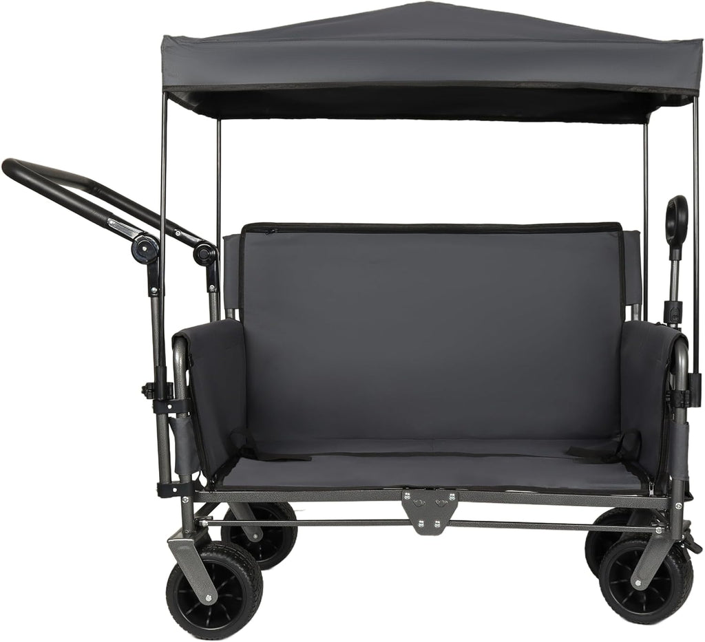 3 in 1 Folding Wagon Cart with Bench Seat Canopy Storage, 500lbs Heavy Duty, 180L Capacity, All Terrain Wagon for Camping, Beach, Sports, Garden, Gray