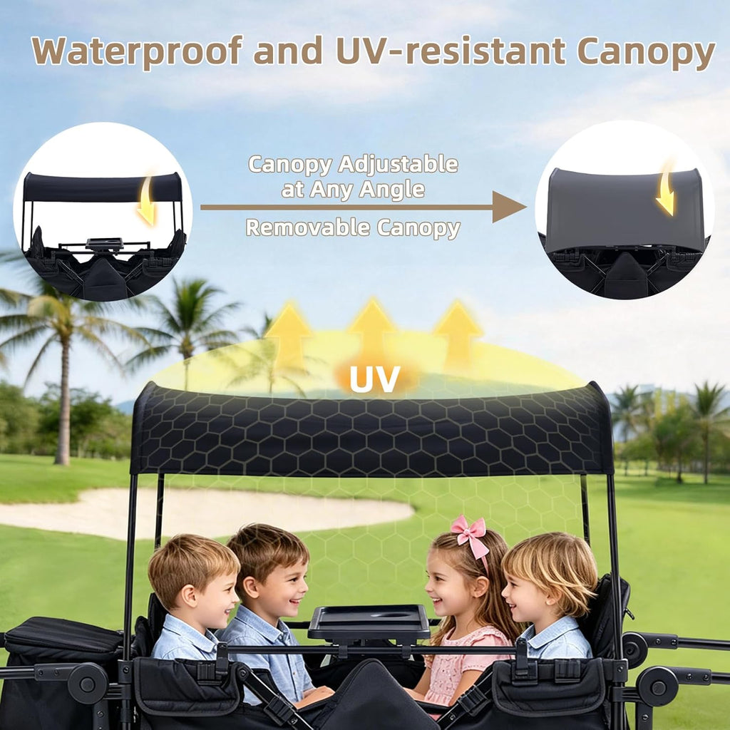 Stroller Wagon for 4 Kids, 4 Seater Wagon Stroller with Convertible Seats Footrests, Snack Tray, Storage Bag, Removable Canopy, Wagon Stroller 4 Seater with Double Push Handle (Black-Convertible)