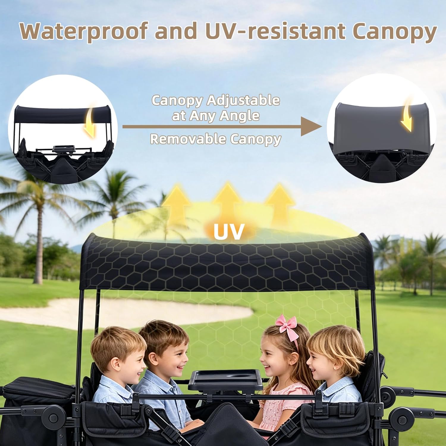 Stroller Wagon for 4 Kids, 4 Seater Wagon Stroller with Convertible Seats Footrests, Snack Tray, Storage Bag, Removable Canopy, Wagon Stroller 4 Seater with Double Push Handle (Black-Convertible)