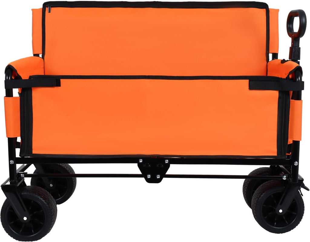 3 in 1 Convertible Folding Wagon Cart with Bench Seat Storage 500lbs Heavy Duty Utility Wagon, 180L Capacity All Terrain Wheels for Camping, Beach, Sports, Garden, Orange