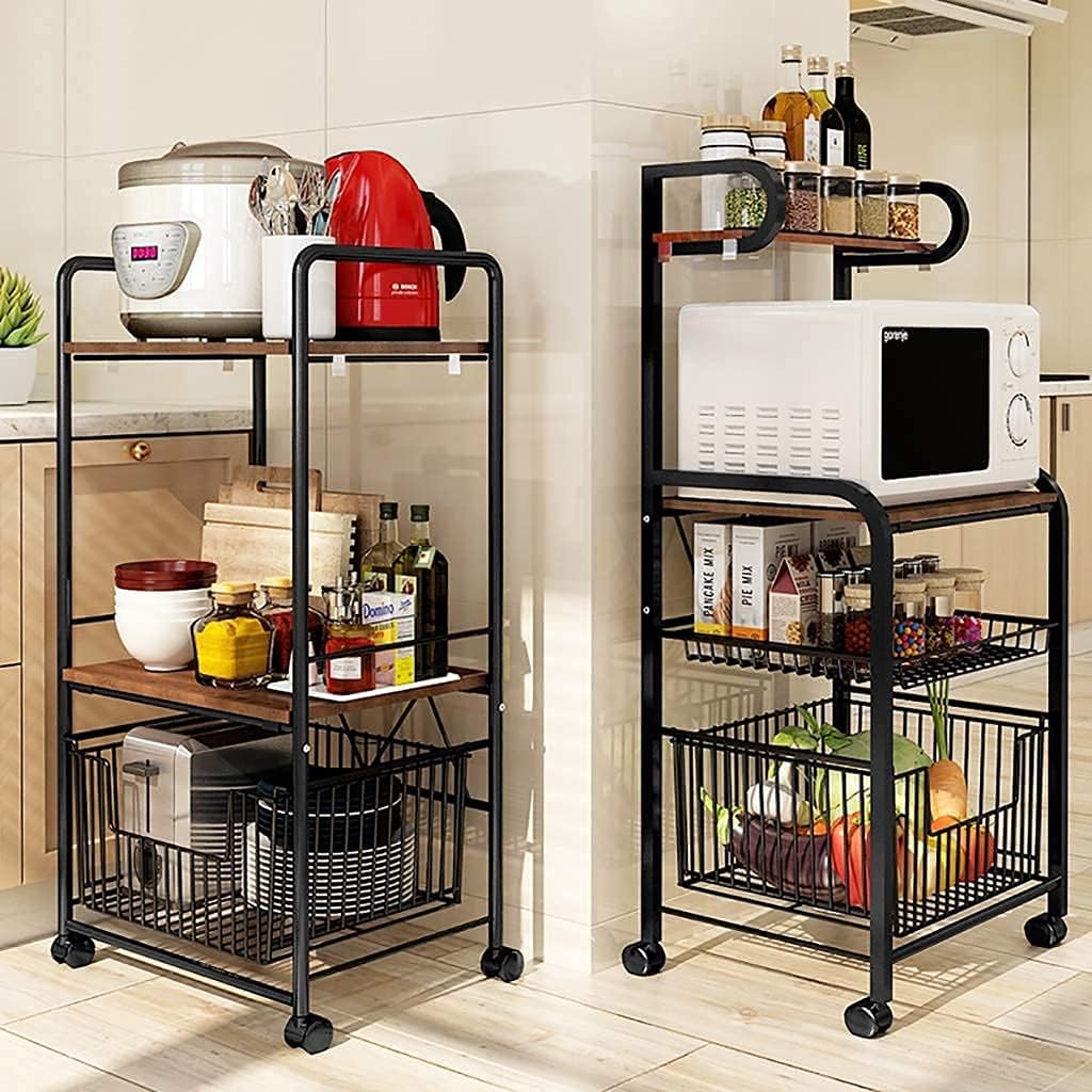 Rolling Microwave Stand with 3 Shelves Drawer Wire Basket Non Slip Workstation Kitchen Baker's Rack for Microwave Oven Spice Rack Organizer Utility Storage Shelf.