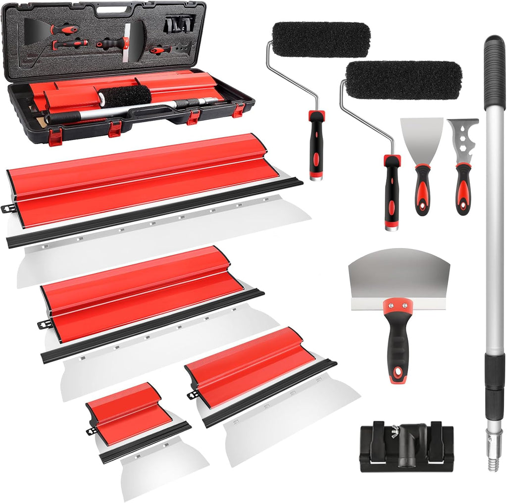 suokoun Drywall Skimming Blade Set with Case, 10/16/24/32inch Stainless Steel Skimming Blades, 7/9inch Compound Rollers, 28'-62' Extension Handle, Putty Knives Arc Scraper for Wallboard