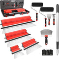 suokoun Drywall Skimming Blade Set with Case, 10/16/24/32inch Stainless Steel Skimming Blades, 7/9inch Compound Rollers, 28'-62' Extension Handle, Putty Knives Arc Scraper for Wallboard