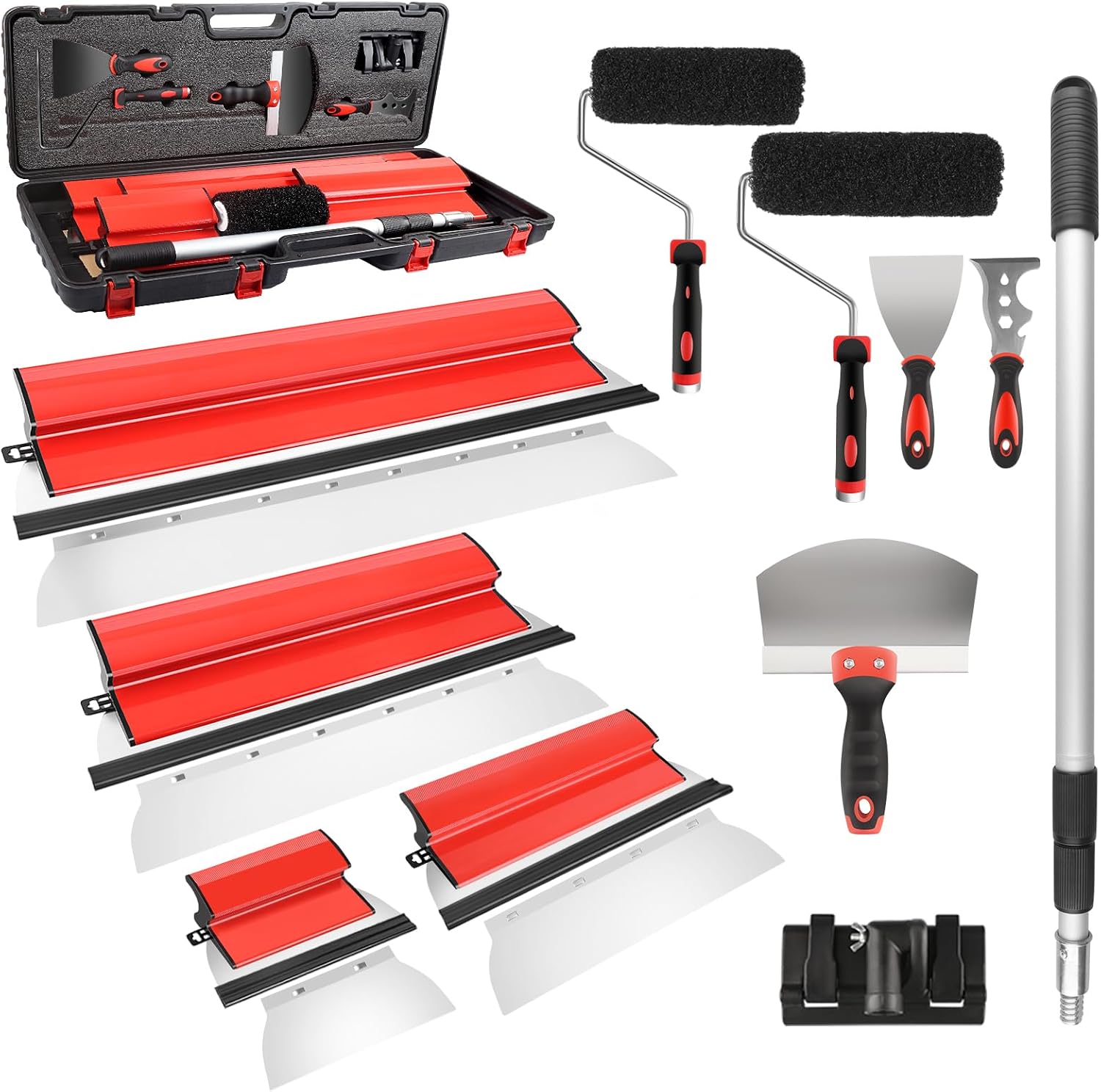 suokoun Drywall Skimming Blade Set with Case, 10/16/24/32inch Stainless Steel Skimming Blades, 7/9inch Compound Rollers, 28'-62' Extension Handle, Putty Knives Arc Scraper for Wallboard