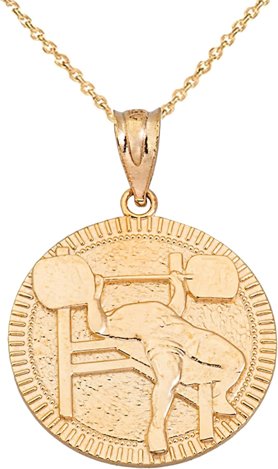 Certified 14k Gold Fitness Gym Barbell Bench Press Medal Pendant Necklace