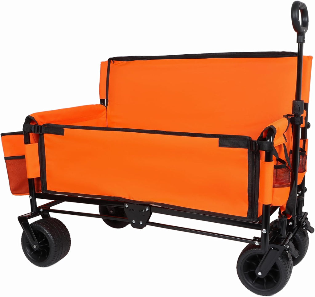 3-in-1 Heavy-Duty Folding Wagon Cart with Bench Seat & Storage - 500lbs Capacity, All-Terrain 360° Wheels, Ice Pack Included - Perfect for Camping, Beach, Sports, Garden & Outdoor Events (Orange)