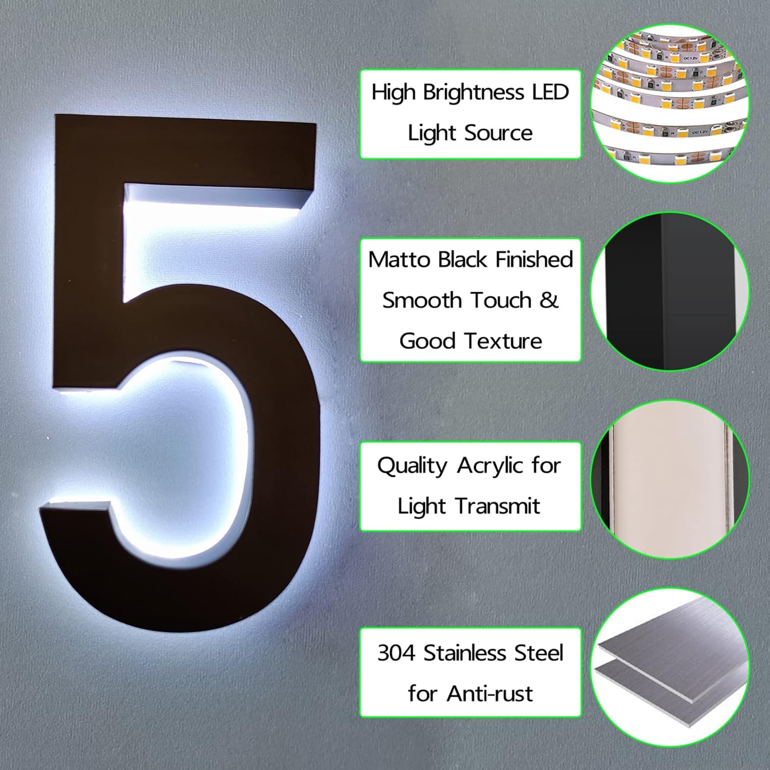 House Numbers, Stainless Steel, Up-Scale Quality, Backlit LED Illuminated Home Address Number, Lighted House Numbers, Modern Address Numbers, Black, White Light,18 Inch,2