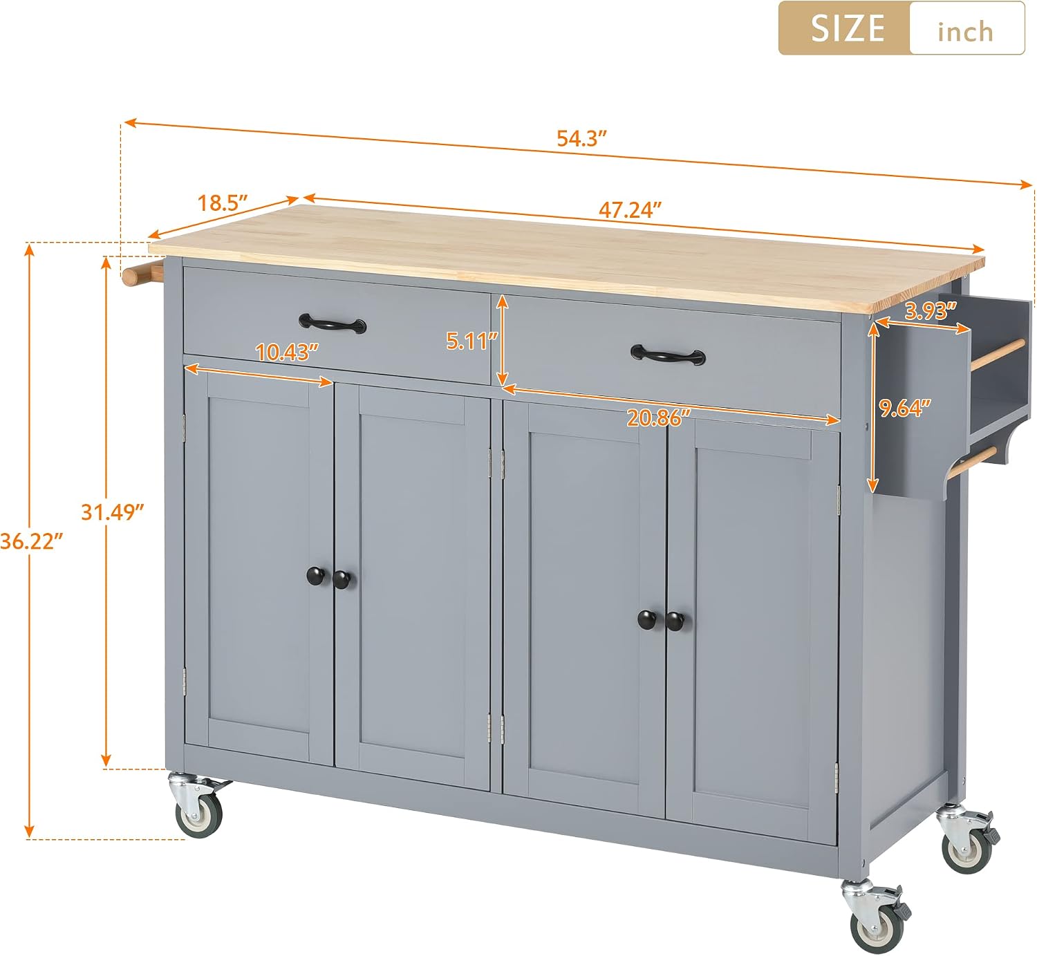 Merax 54.3' Width kitchen island with storage, Rolling Kitchen Storage Islands with 4 Door Cabinet & 2 Drawers, Kitchen Cart with Solid Wood Top, Lockable Wheels, Spice Rack, and Towel Rack, Grey Blue