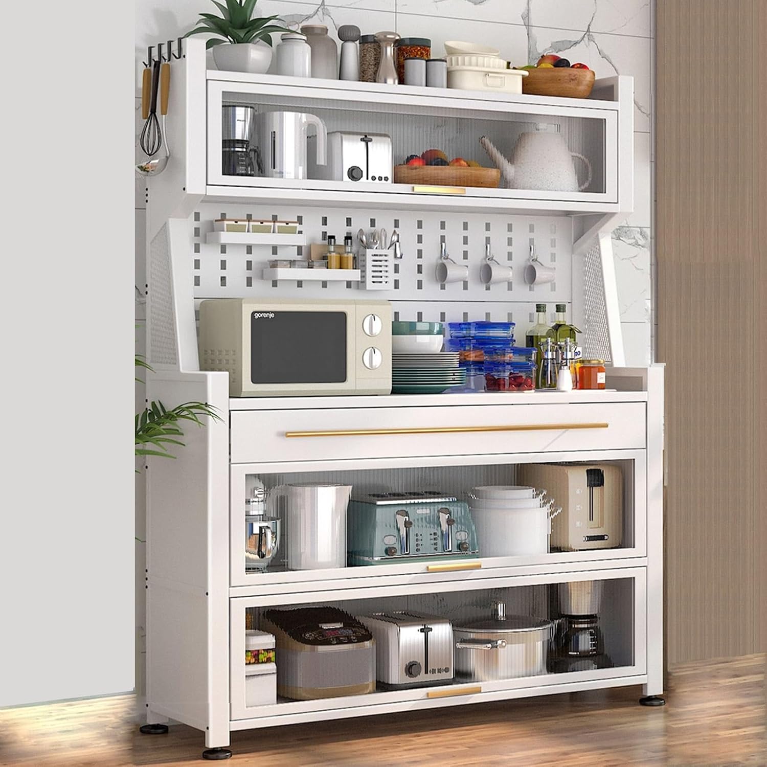 Microwave Storage Stand Kitchen Cabinet Freestanding Baker's Rack with Flip Door Drawer Versatile Utility Shelf for Dining Room Living Room Kitchen Nization