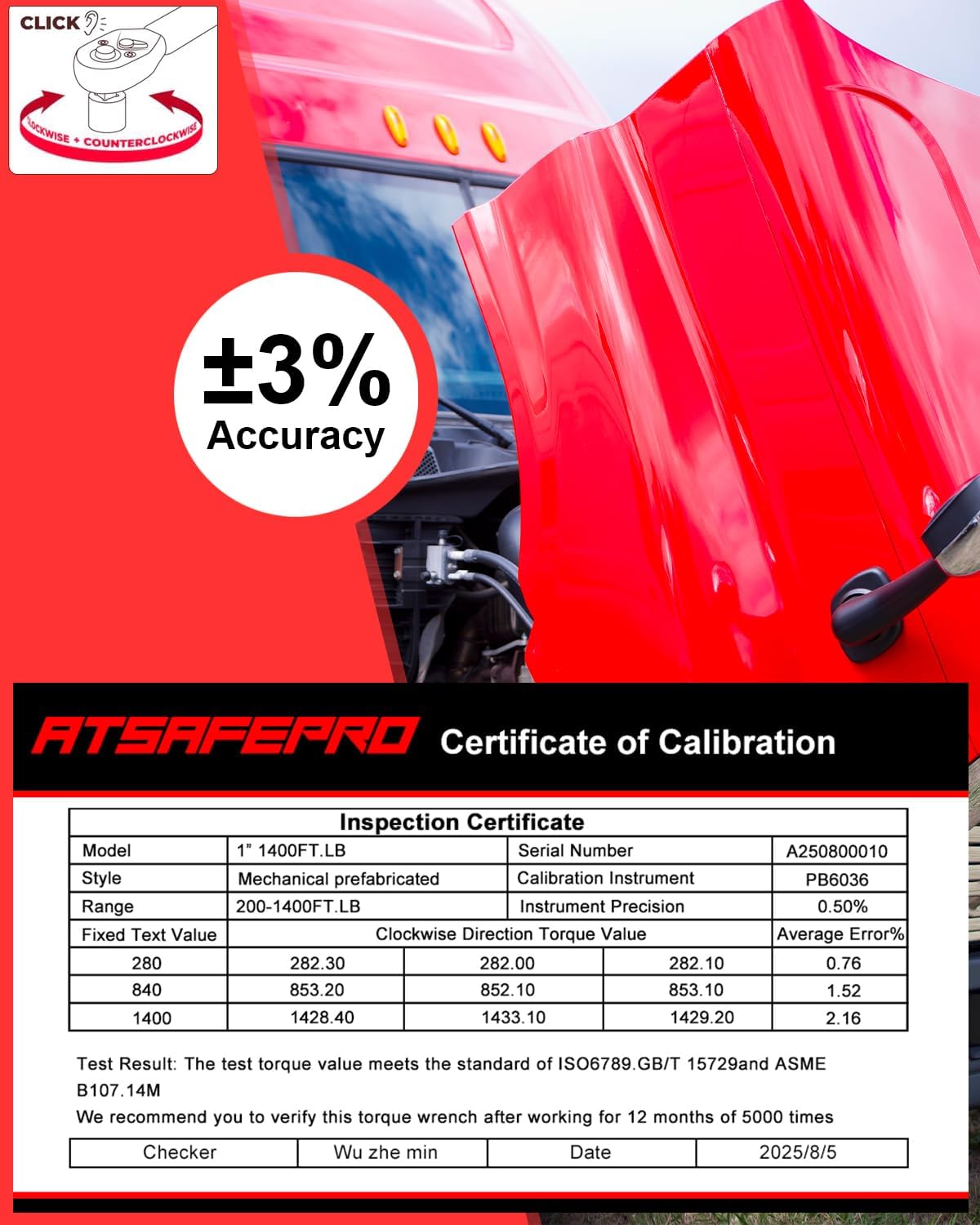 Atsafepro 3/4 Torque Wrench 100-850 Ft-Lb -±3% Accuracy, 47.3' Long Handle, 48-Tooth Reversible Ratchet, Cr-V Steel, Dual Scale,3/4' Drive Click Heavy Duty Torque Wrench for Industrial, Truck, Turbine