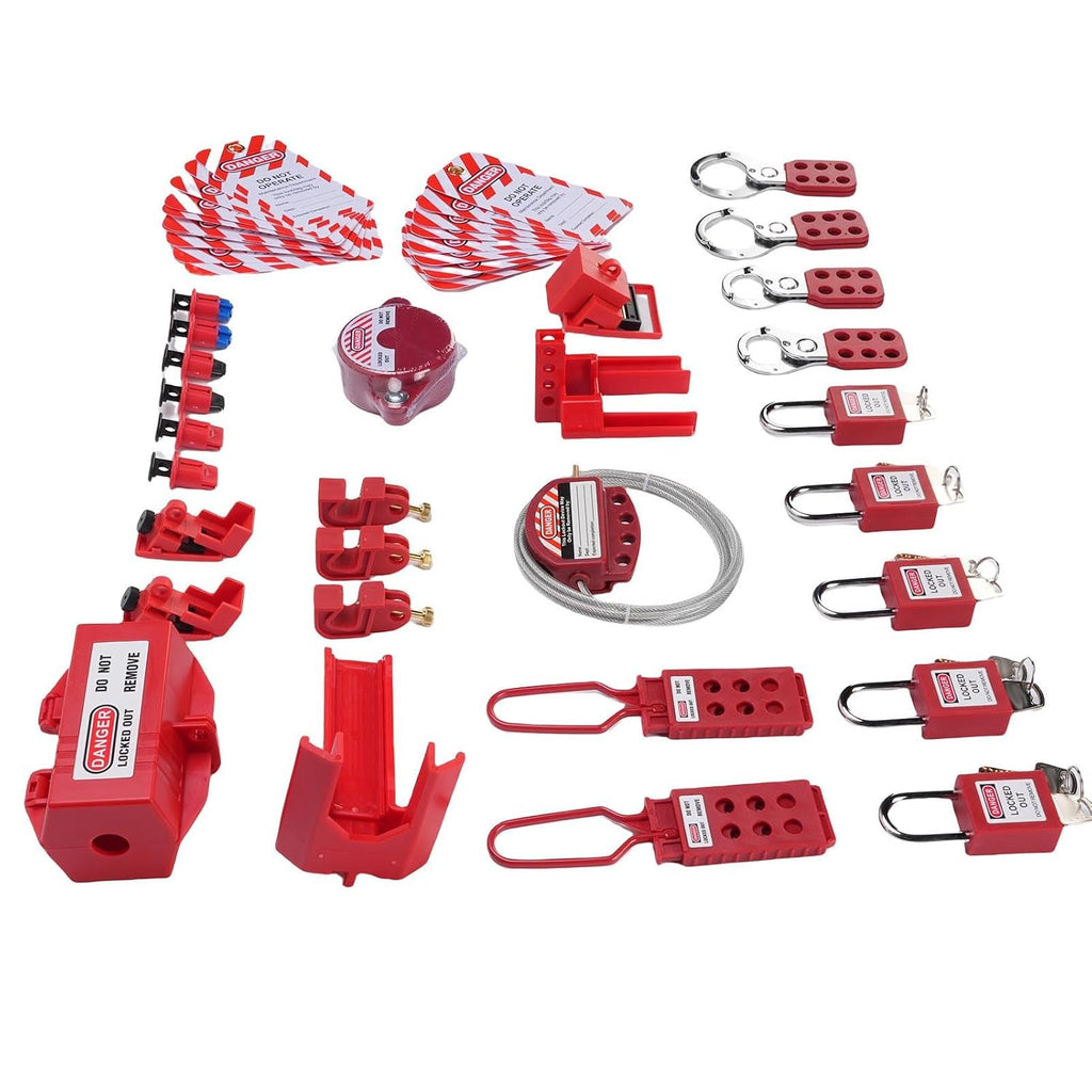 Lock Out Tag Kit, Electrical Lockout Tagout Kit with Circuit Breaker Lockouts, Hasps, Plug Lock, Ball Valve, Loto Set, Universal Padlock Box
