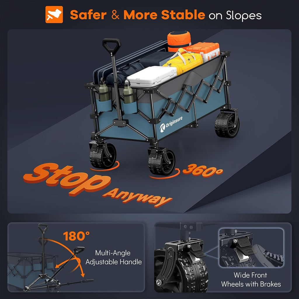 Originsure 220L Collapsible Wagon Cart Foldable, 460lbs Load Capacity Heavy Duty Folding Beach Wagons with Big All-Terrain Wheels, Utility Carts for Groceries, Shopping, Camping, Sports - Grey&Blue