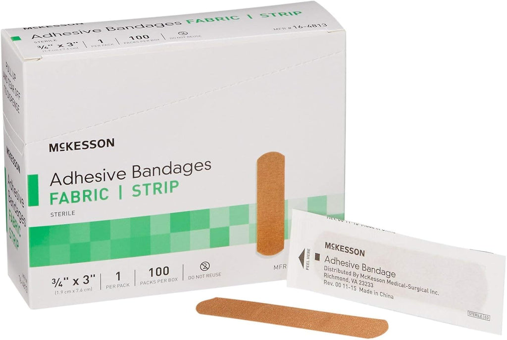 McKesson Adhesive Bandages, Sterile, Fabric Strip, 3/4 in x 3 in, 100 Count, 24 Packs, 2400 Total