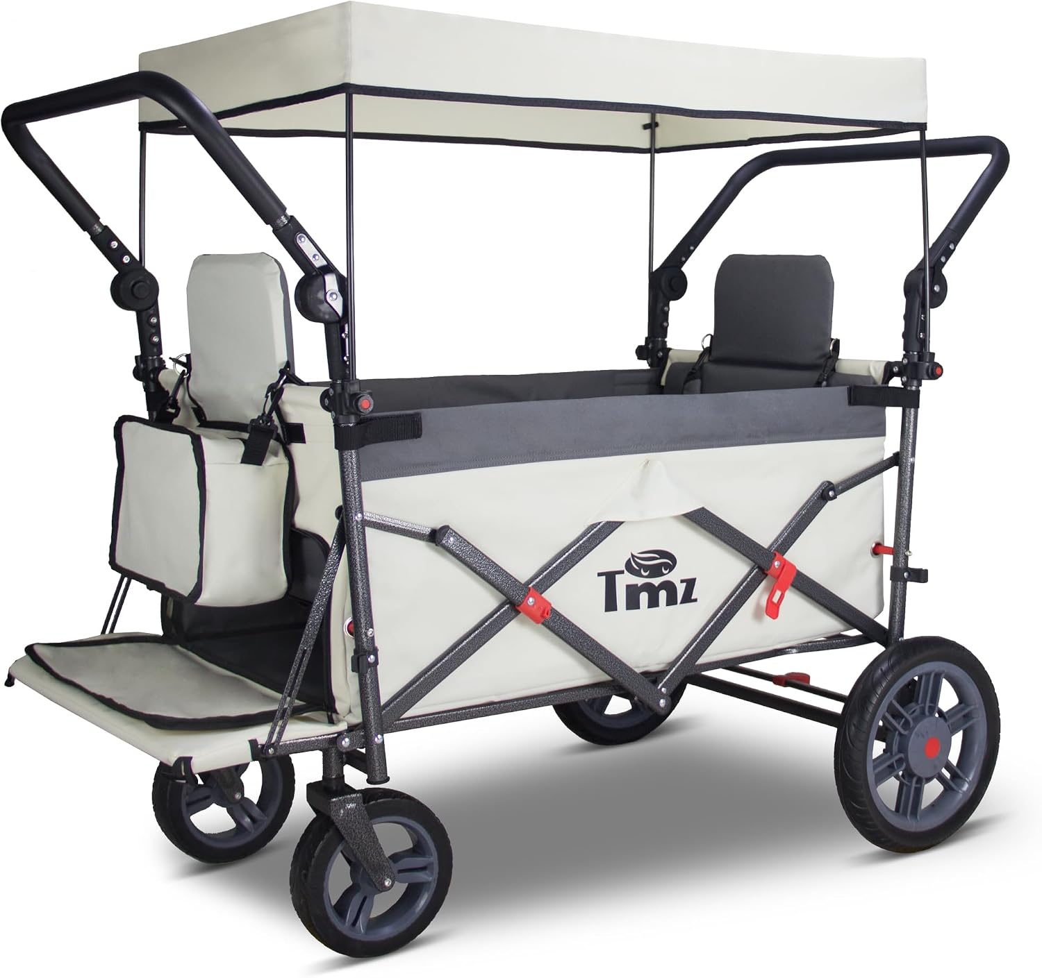 TMZ Foldable Wagon with Rain Cover & 2 Seats, Collapsible Folding Wagon with Adjustable Handle Bar, Multi Functional Cart with Canopy, Front Expandable Garden Cart (Transparent/Grey)