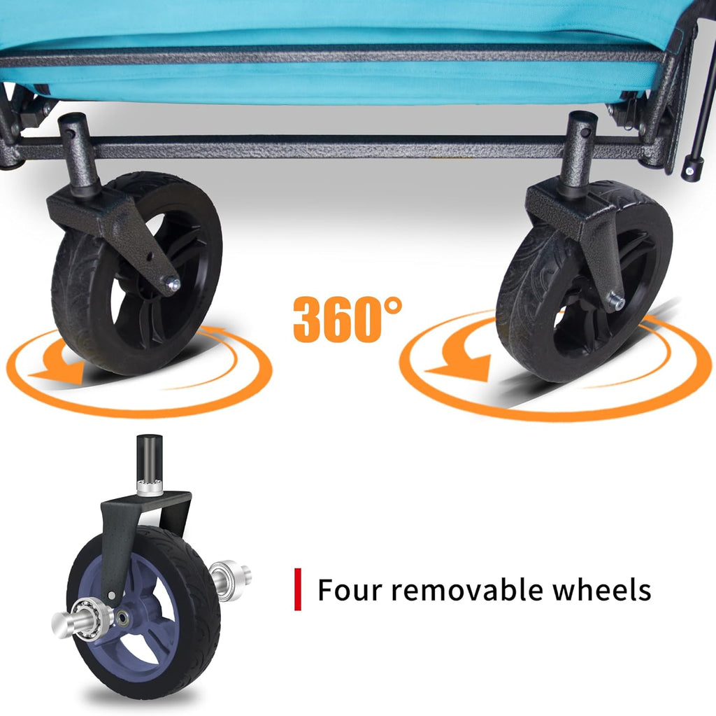 TMZ Collapsible Wagon with 2 Foldable Seats, Folding Wagon with Canopy, Multi Functional Cart with Adjustable Handle Bar, Front Expandable for Transport Camping (Turquoise/Grey)