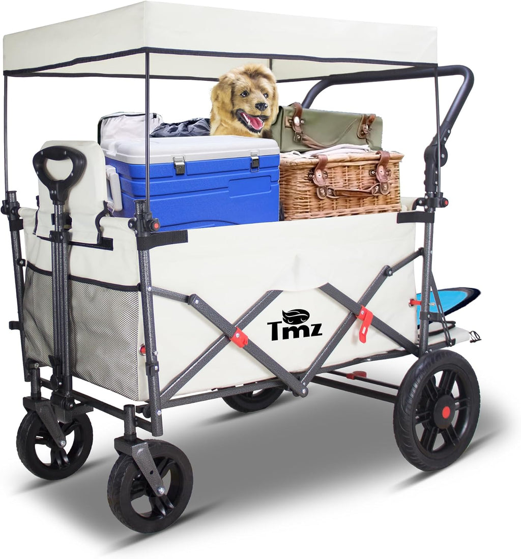 TMZ Collapsible Wagon with 2 Foldable Seats, Folding Cart with Removable Canopy, Heavy Duty Wagon 265LBS Load Capacity for Camping Garden Shopping (Beige)