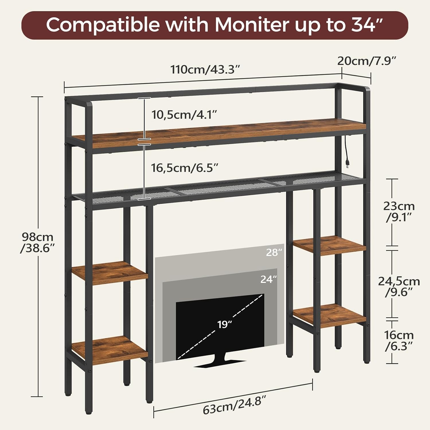 MAHANCRIS Printer Stand and Desktop Shelf Bundle, 3-Tier Industrial Printer Cart with Power Outlets and 2 USB Ports, Desktop Hutch with Adjustable Feet and Anti-Tip Kit,PTHR78E01-DSHR9801