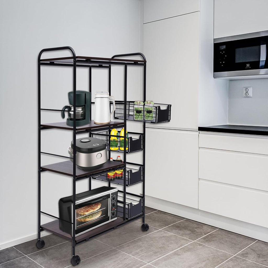 Rolling Microwave Cart,Inrial Metal Microwave Oven Stand,Kitchen Storage Rack,Cart,Serving Cart,Push-Pull Drawers,Bakers Rack,Kitchen Storage Cart,Storage Basket,for Pantry Bathroom Office Living Room