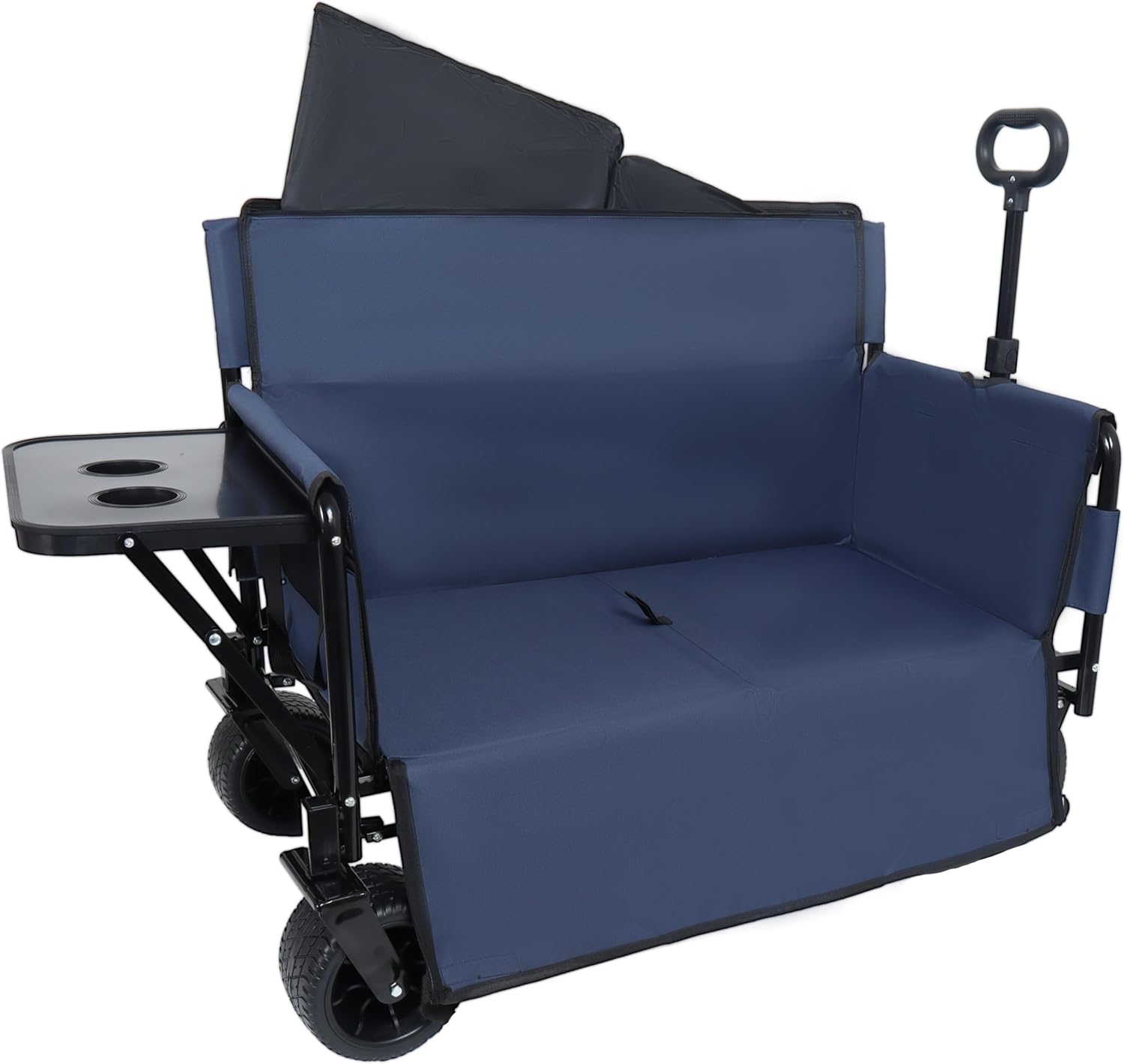 3-in-1 Heavy-Duty Folding Wagon Cart with Bench Seat & Rear Tabletop - 500lbs Capacity, All-Terrain Wheels for Camping, Beach, Sports, Garden (Dark Blue)