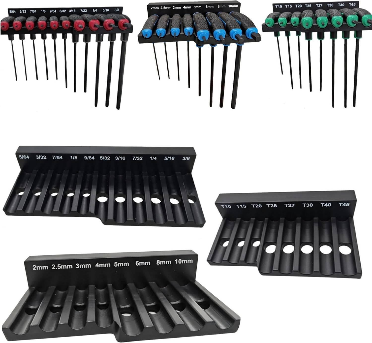 Magnetic T-Handle Hex Key Organizer Rack - Wrench Organizer for Garage, Tool Cart, or Workshop – Compatible with Toolboxes and Storage Systems - sae/metric/torx (Metric, SAE, and Torx)