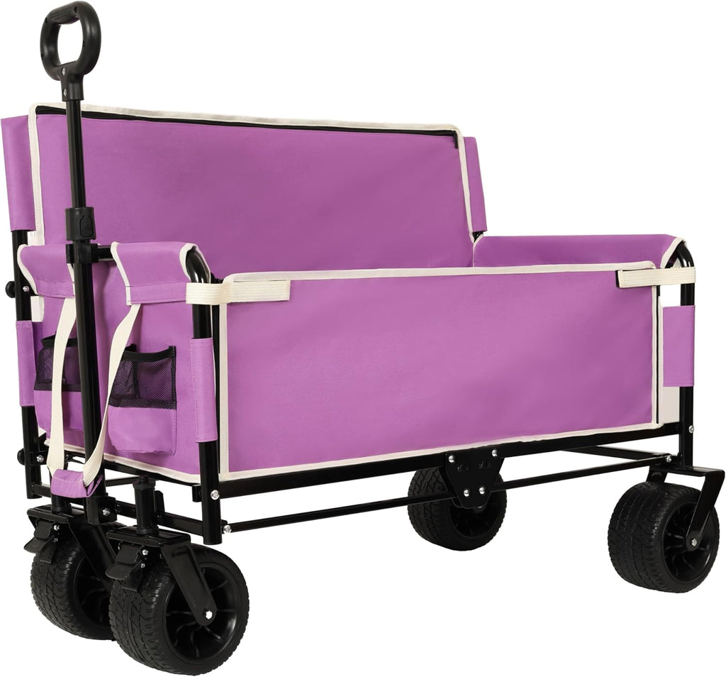 3-in-1 Convertible Folding Wagon Cart with Bench Seat & Storage - 500lbs Heavy-Duty Utility Wagon, 180L Capacity All-Terrain Wheels for Camping, Beach, Sports, Garden (Purple)