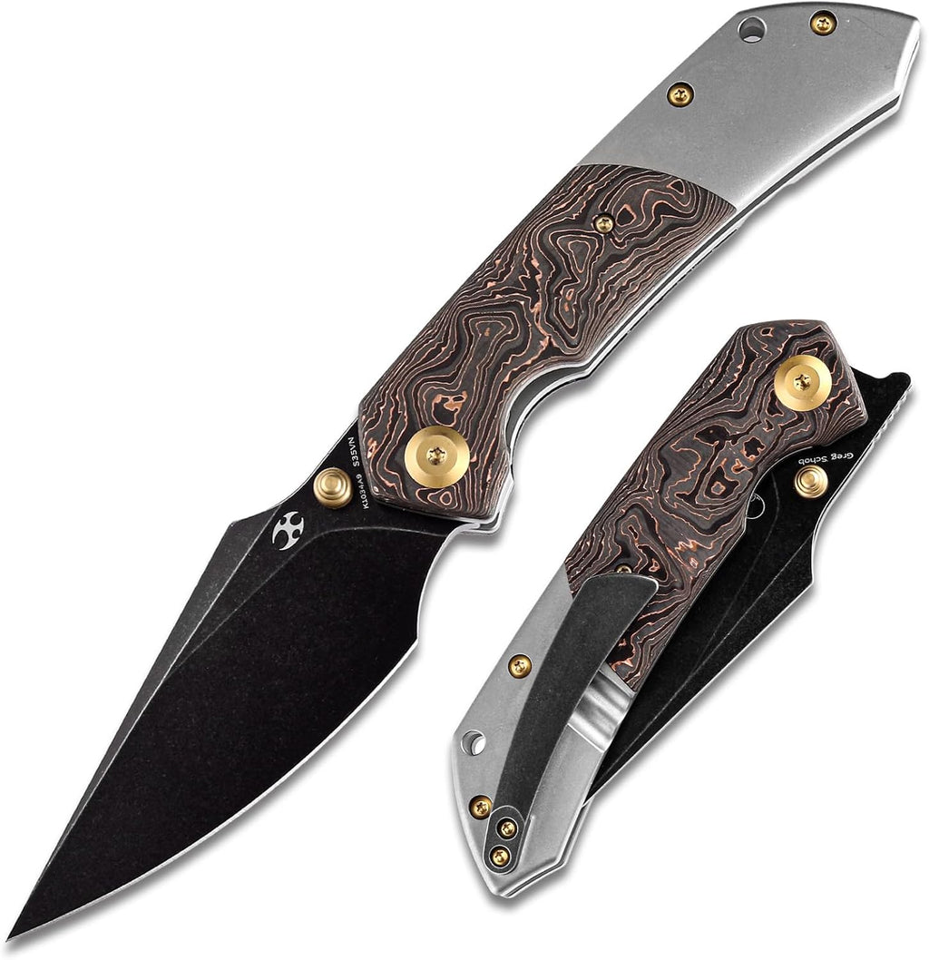KANSEPT Fenrir Pocket Knife, 3.48' Blackwash CPM S35VN Harpoon Blade, Titanium Handle Copper Carbon Fiber Inlay, Thumb Stud & Liner Lock with Deep Clip EDC Knives for Camping Hunting Survival K1034A9