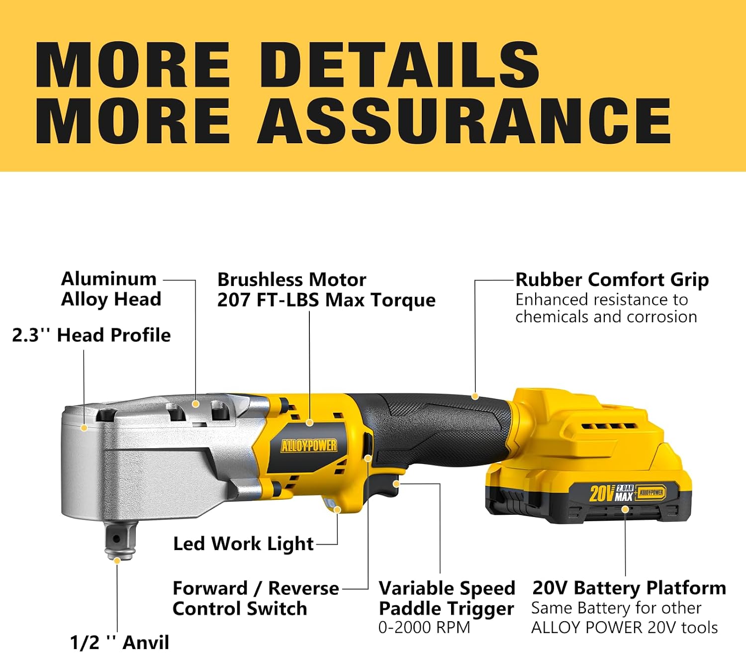 ALLOYPOWER 20V Brushless Right Angle Wrench, 207 Ft-lbs（280N.M）,1/2'' High Torque Cordless Power Tool with 2×2.0Ah Batteries, LED Light, 2-Speed Control, Compact 90° Design for Tight Spaces