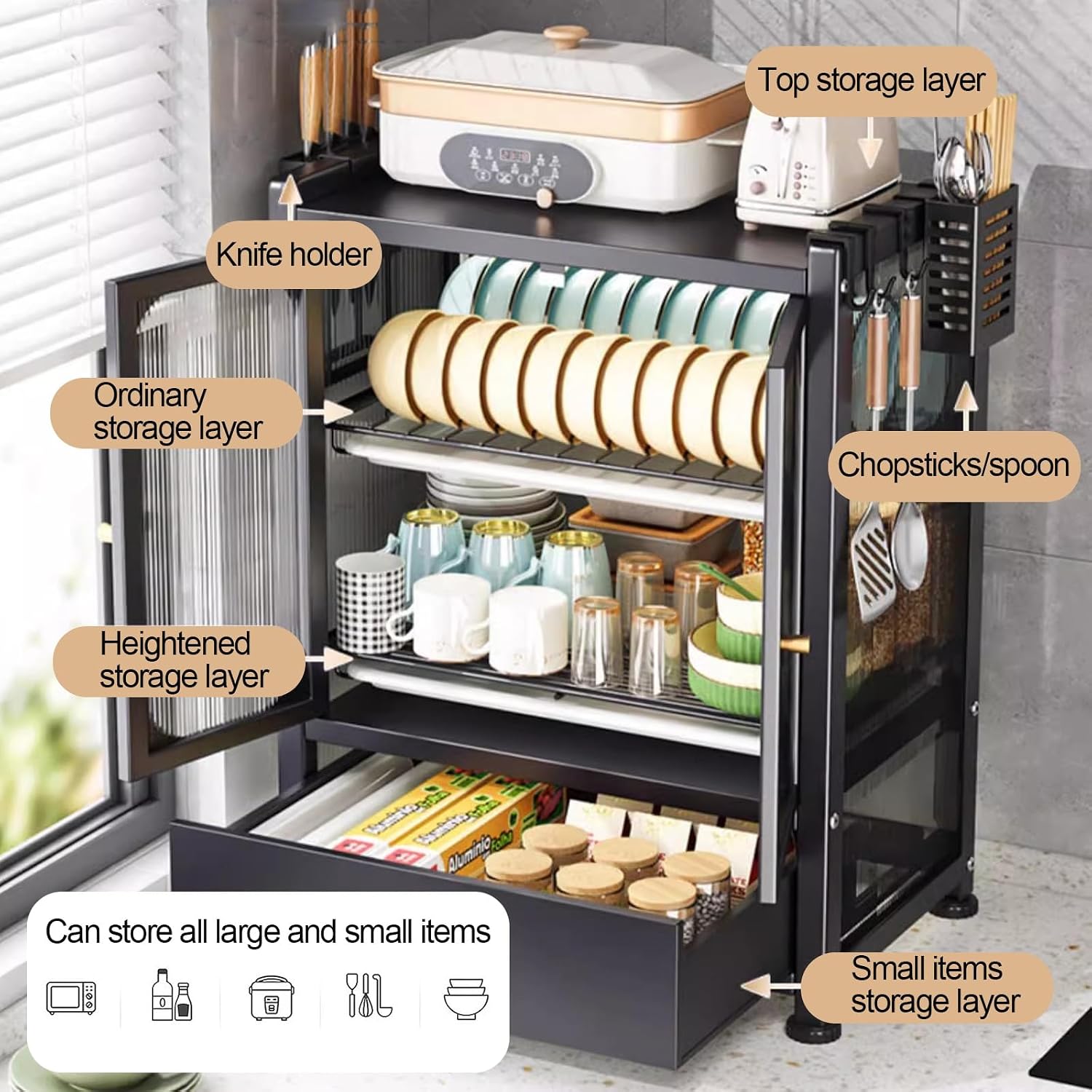 Microwave Stand, Bakers Rack with Storage, Dish Drying Rack, Kitchen Countertop with Drawers Dish Cabinet, Kitchen Storage Cabinet (Color : A)