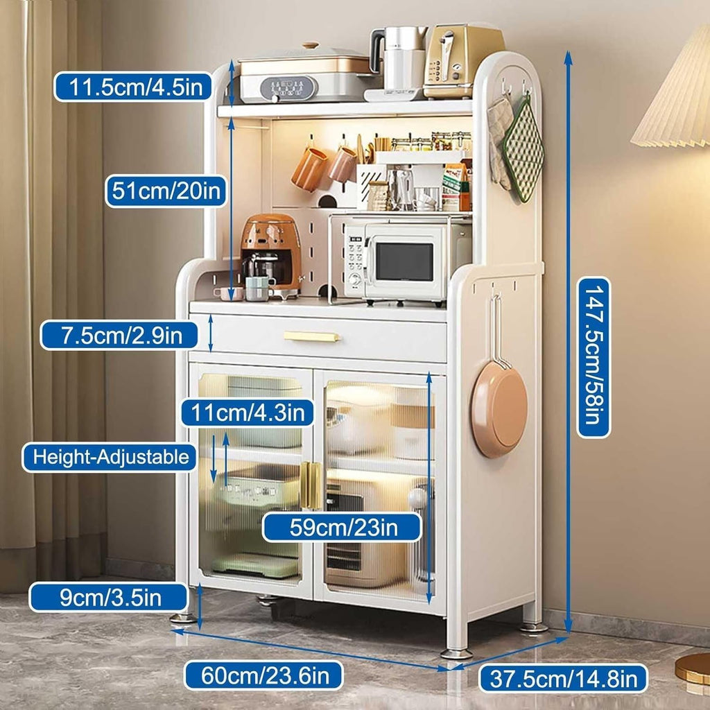 White 5 Tier Baker'S Racks For Kitchens With Drawer And Microwave Stand Adjustable Shelf Kitchen Storage Cabinet Microwave Oven Shelf Cabinet For Kitchen Hutch 179×80Cm,White,147.5x60cm/58x23.6in