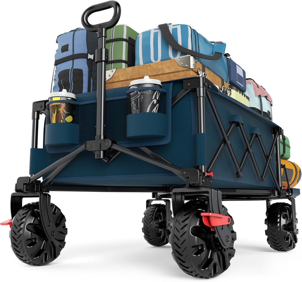 TIMBER RIDGE 600L Beast Wagon 26' W Extra Wide All Terrain Folding w/Big Wheels, Cargo Net & Tailgate, 26' W and 54.5' L, 400lbs Heavy Duty Collapsible Portable Cart for Camping, Sports, Dogs, Blue