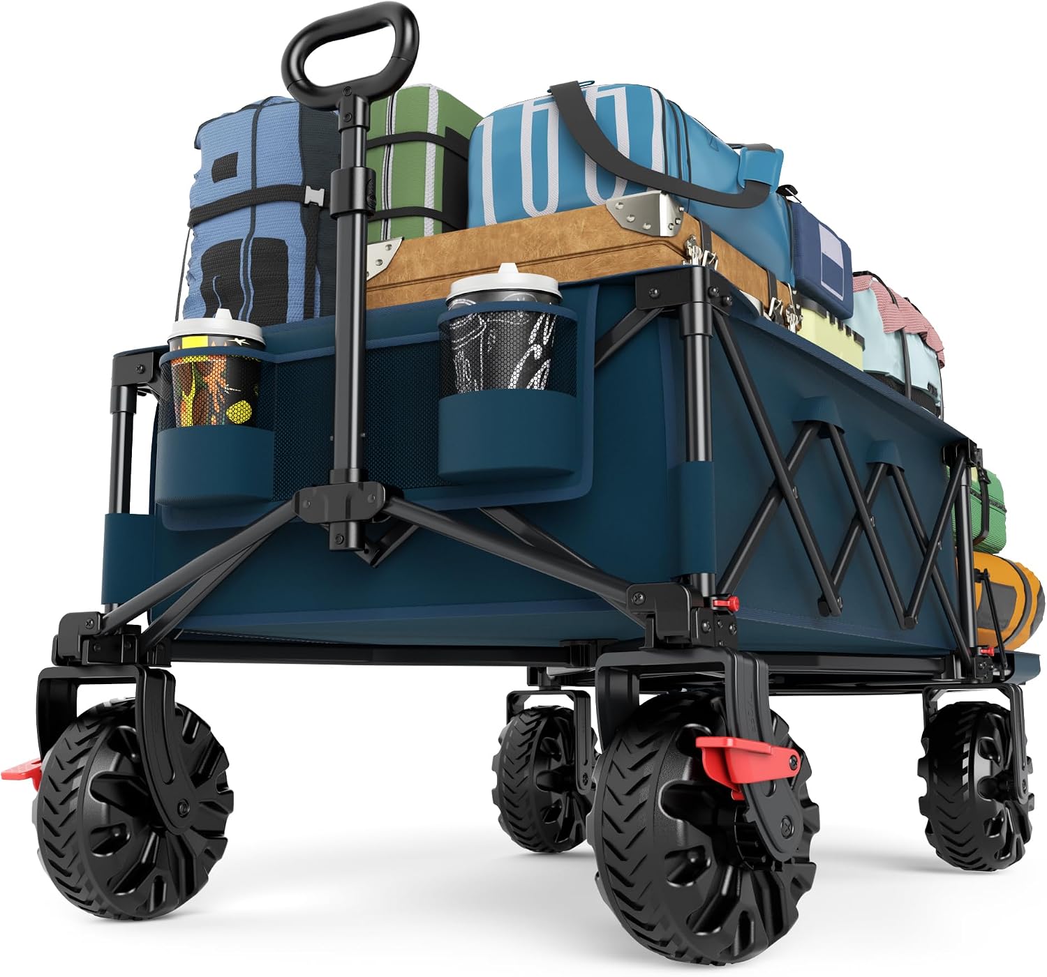 TIMBER RIDGE 600L Beast Wagon 26' W Extra Wide All Terrain Folding w/Big Wheels, Cargo Net & Tailgate, 26' W and 54.5' L, 400lbs Heavy Duty Collapsible Portable Cart for Camping, Sports, Dogs, Blue
