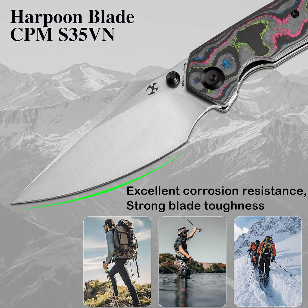 KANSEPT Fenrir Pocket Knife, 3.48'Satin CPM S35VN Harpoon Blade, Blackwash Titanium Handle 80S Carbon Fiber Inlay,Thumb Stud & Liner Lock with Deep Clip EDC Knives for Camping Hunting Survival K1034S1