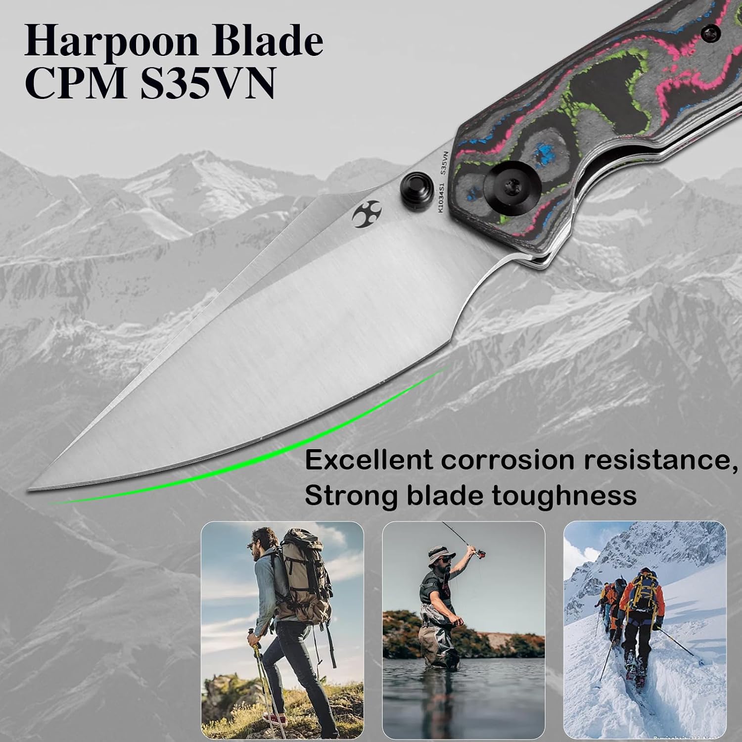 KANSEPT Fenrir Pocket Knife, 3.48'Satin CPM S35VN Harpoon Blade, Blackwash Titanium Handle 80S Carbon Fiber Inlay,Thumb Stud & Liner Lock with Deep Clip EDC Knives for Camping Hunting Survival K1034S1