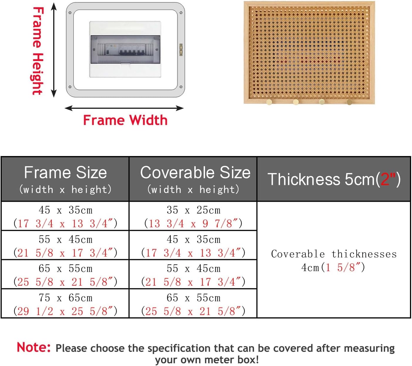 Electrical Panel Cover Ventilated Rattan Weave Breaker Box Cover Wood Frame Fuse Box Concealer with Hook, Hydraulic Circuit Breaker Panel, Electrical Panel Cover(WXL-65 x 55CM-25.6 x 21.7)
