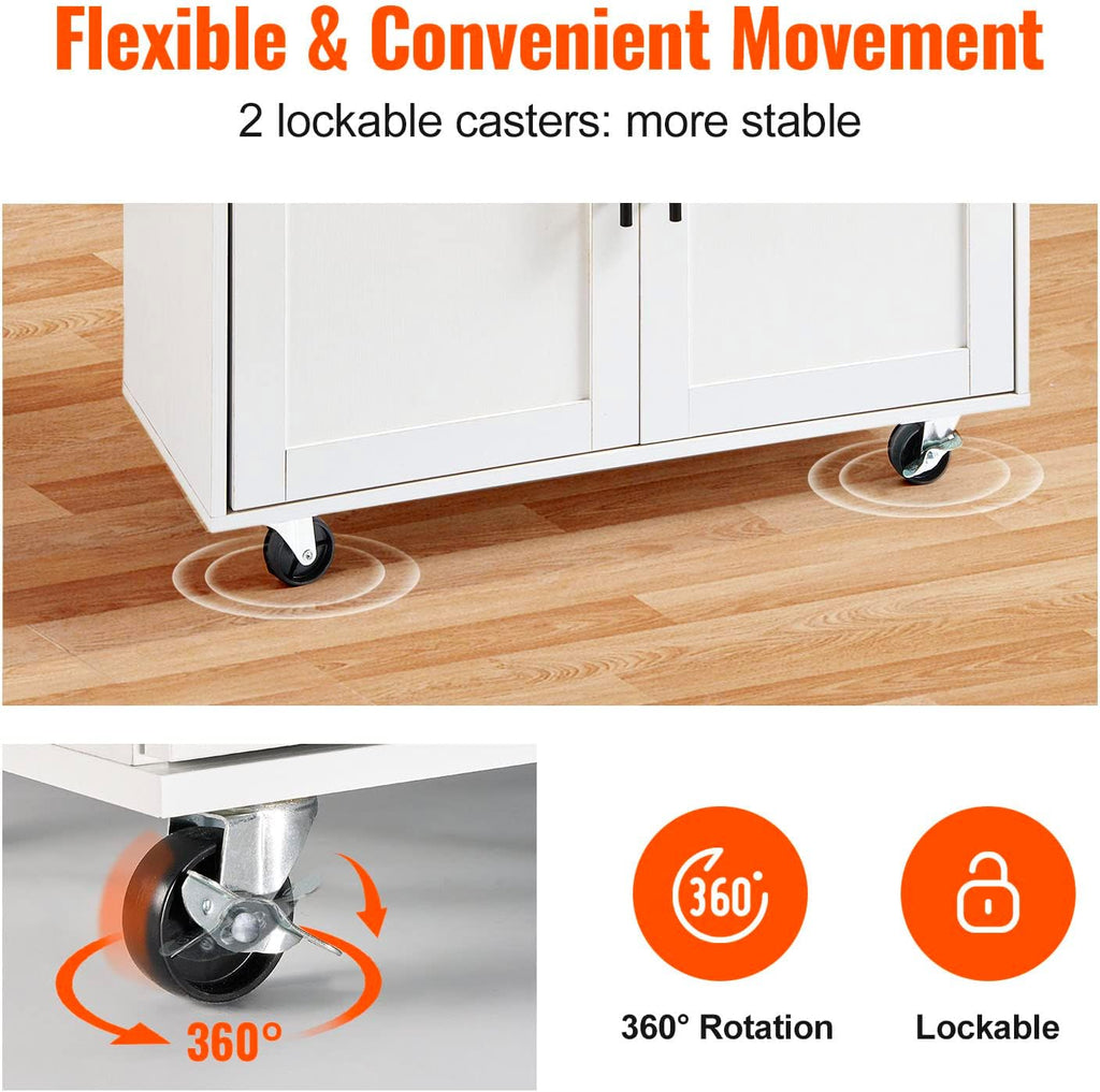VEVOR Kitchen Island Cart with Solid Wood Top, 35.4' Width Mobile Carts with Storage Cabinet, Rolling Kitchen Table with Spice Rack, Towel Rack, Drop Leaf and Drawer, Portable Islands on Wheels, White