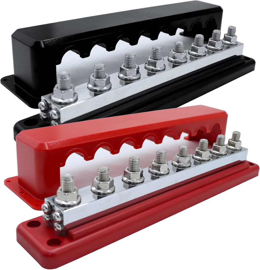 2 Pcs 600 A High Current Copper Bus Bar 300V AC / 48V DC 8 Way 3/8 inch (M10) Studs 8#8-32 Screws Electrical Terminal Ground Distribution Block Battery Buss Bars with Cover (Red & Black)