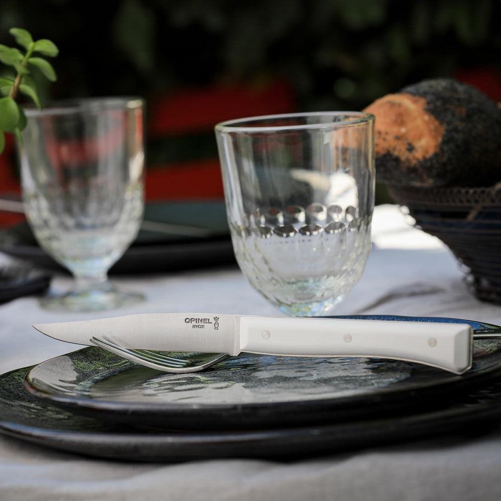 OPINEL Facette Steak Knife Set – Full Tang Table Knife Setting for 4, Comfortable Riveted Handle in Premium Woods and Vitter Eco, Made in France (White VittEr)