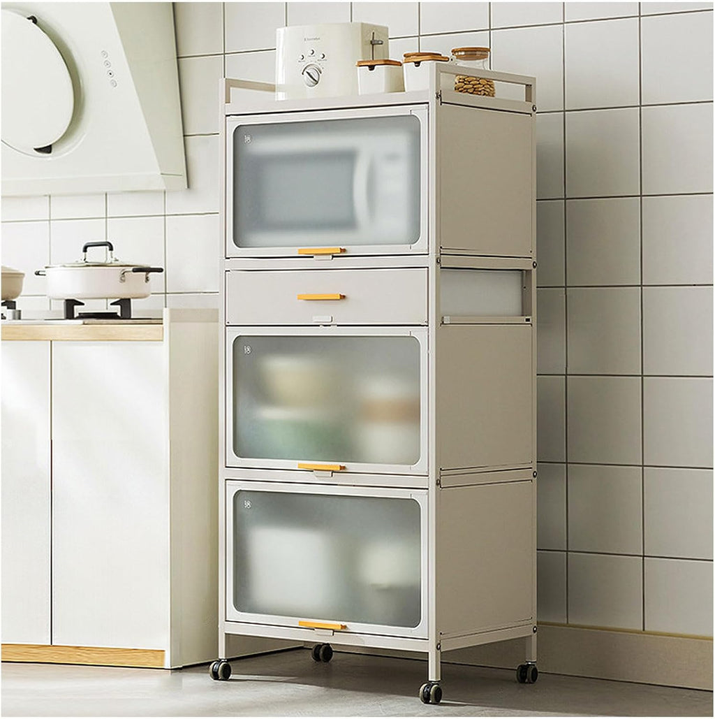 5 -Tier Microwave Stand with Flip Door Cabinet, Standing Bakers Rack for Kitchen Storage, Metal Shelves with Brakeable Casters and Drawer for Kitchen Pantry Living Room,White,60×135cm/23.6×53in