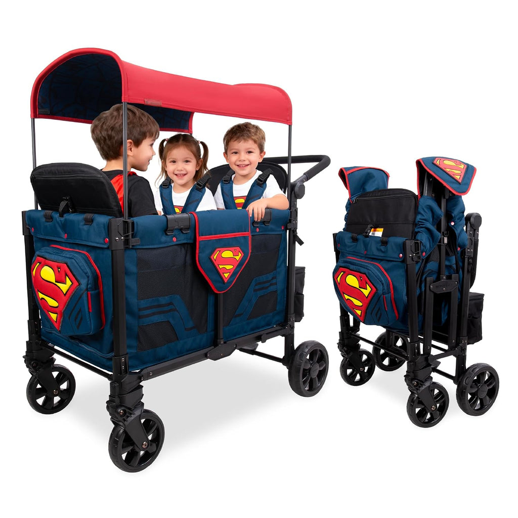 WONDERFOLD W4 Elite Pro Special Edition Superman Stroller Wagon (4 Seater) - Collapsible Wagon Stroller with Seats with 5-Point Harnesses, Easy Access Zipper Door, and Removable Sun Canopy